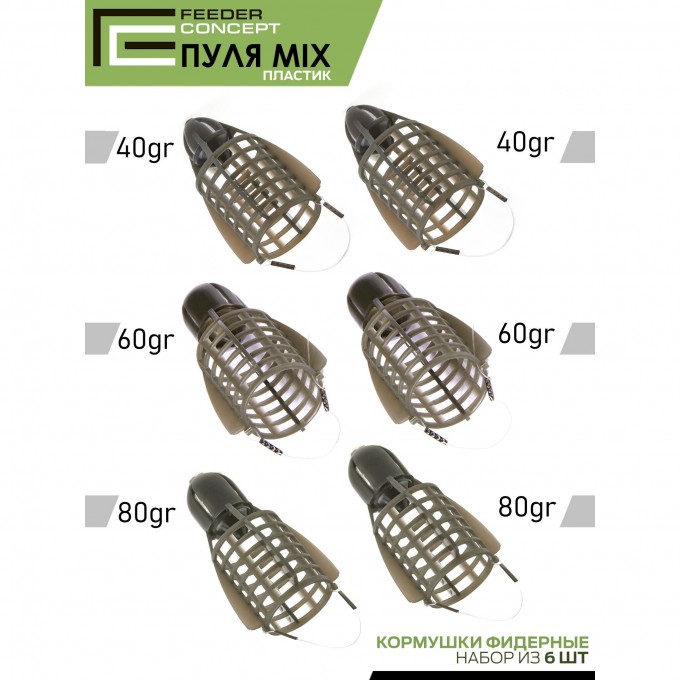 Набор пластиковых фидерных кормушек FEEDER CONCEPT M1 ПУЛЯ 6шт. (коробочная версия) FCPC-M1BL1-SET